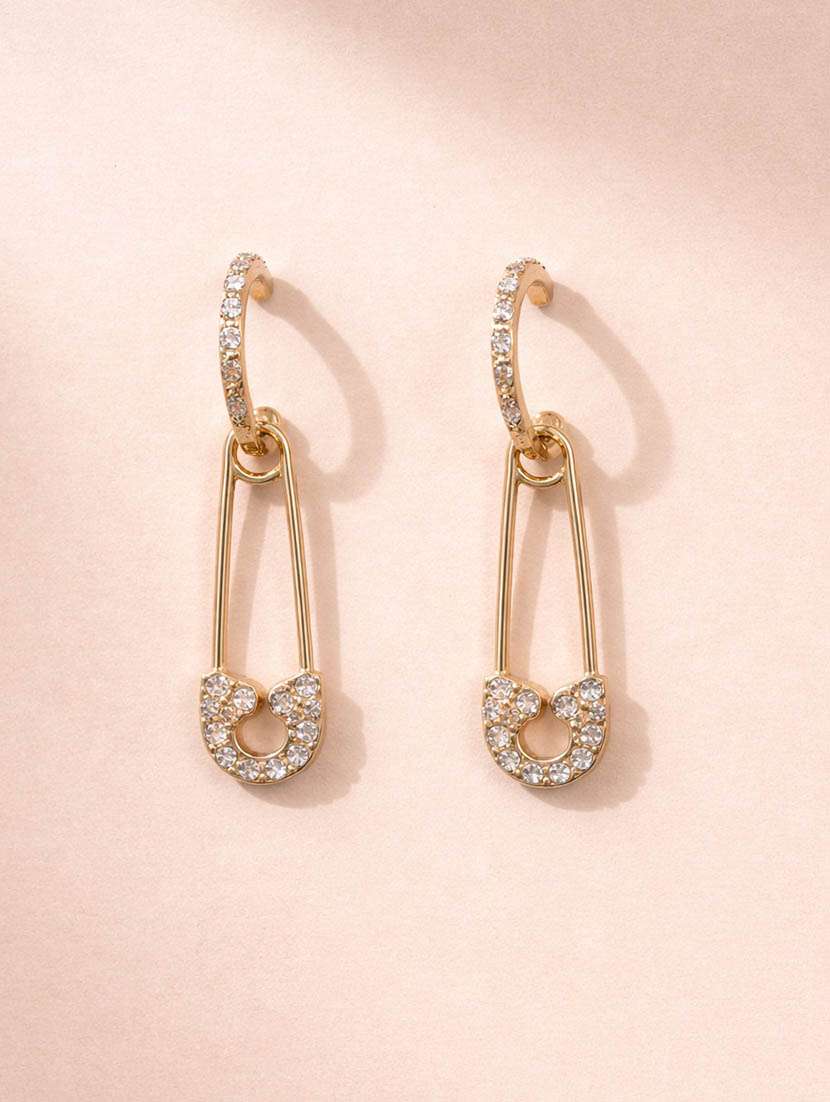 women crystal safety pin gold toned drop earrings