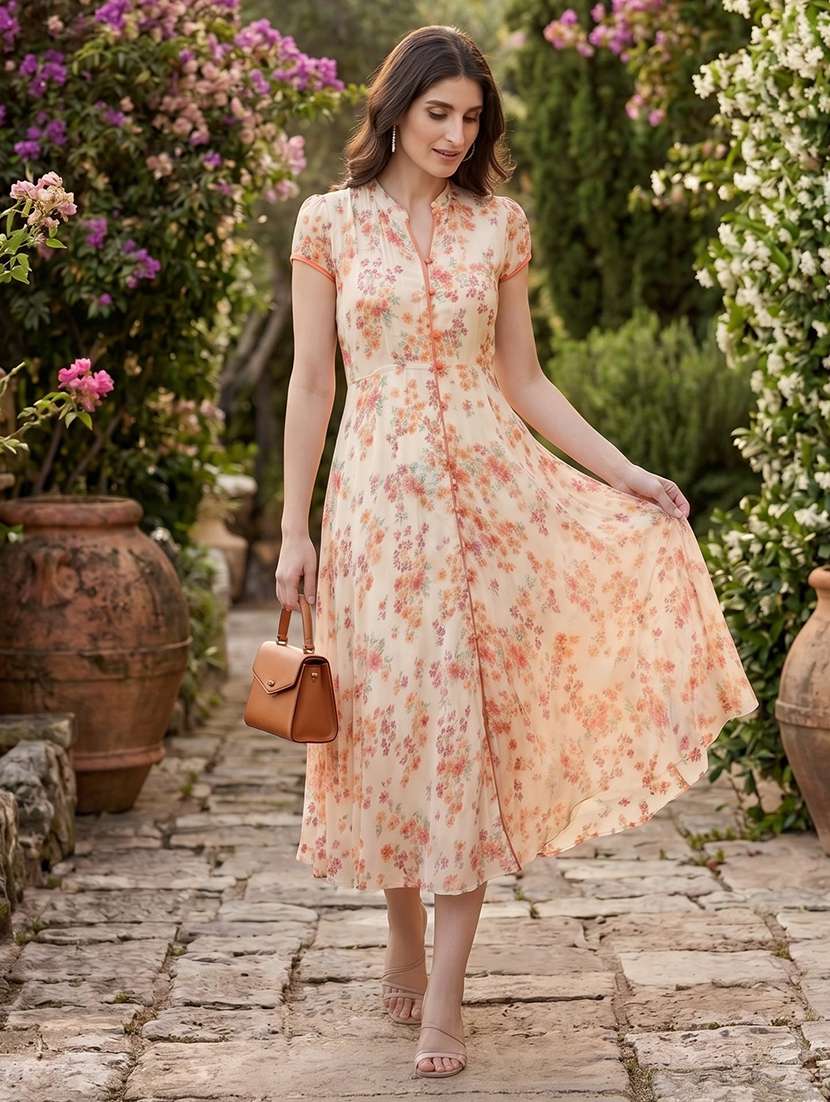 women printed cap sleeves fit and flare dress
