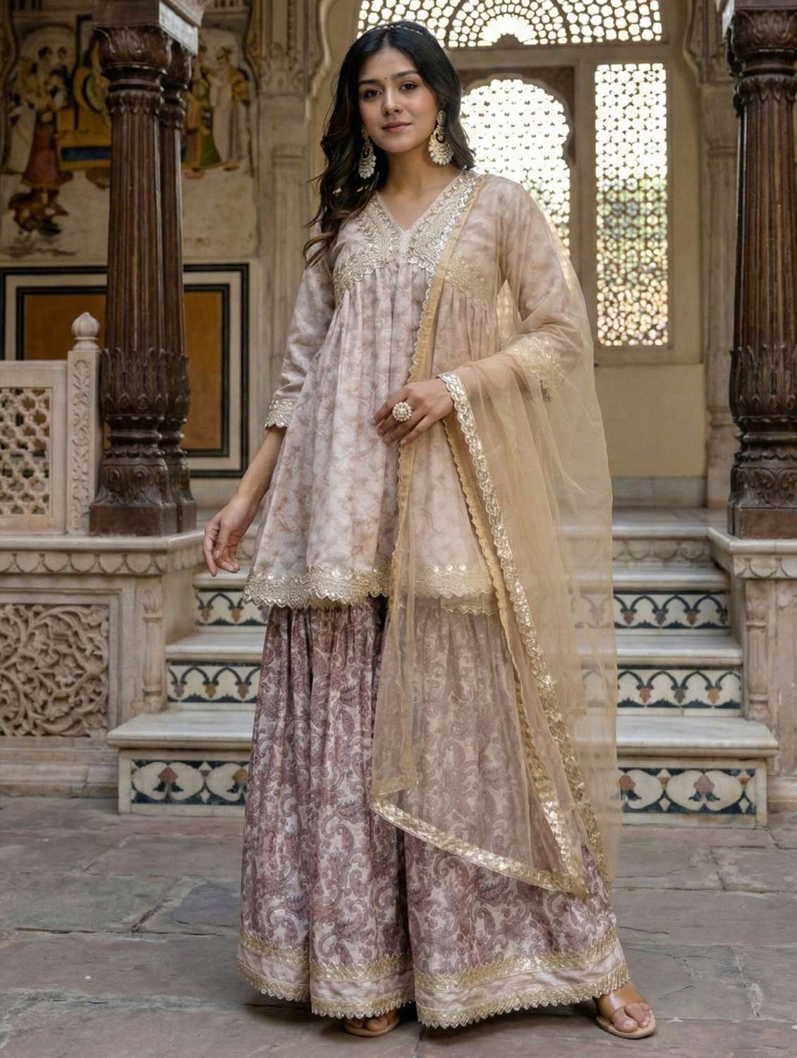 women printed three quarter sleeves kurta sharara set with dupatta