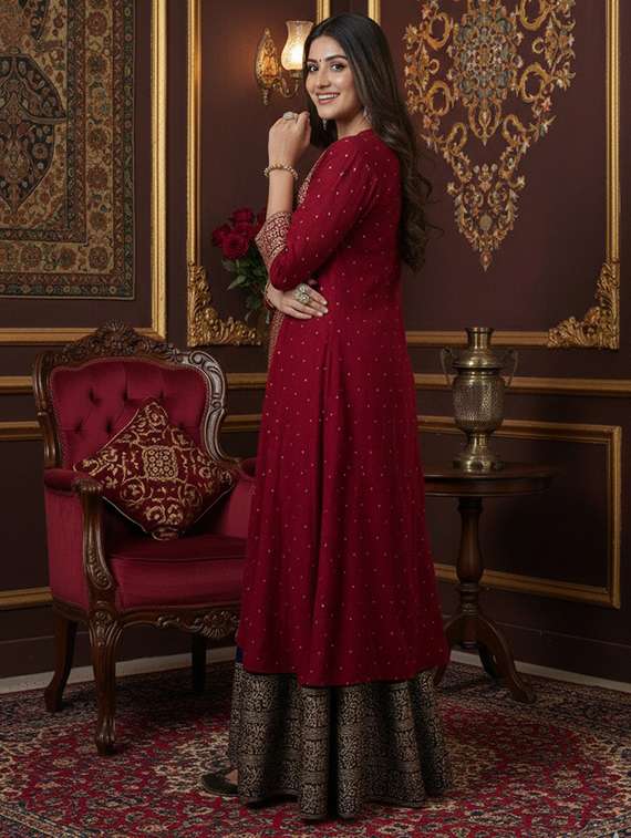women self design three quarter sleeves top skirt set with jacket - 22610591 -  Standard Image - 3