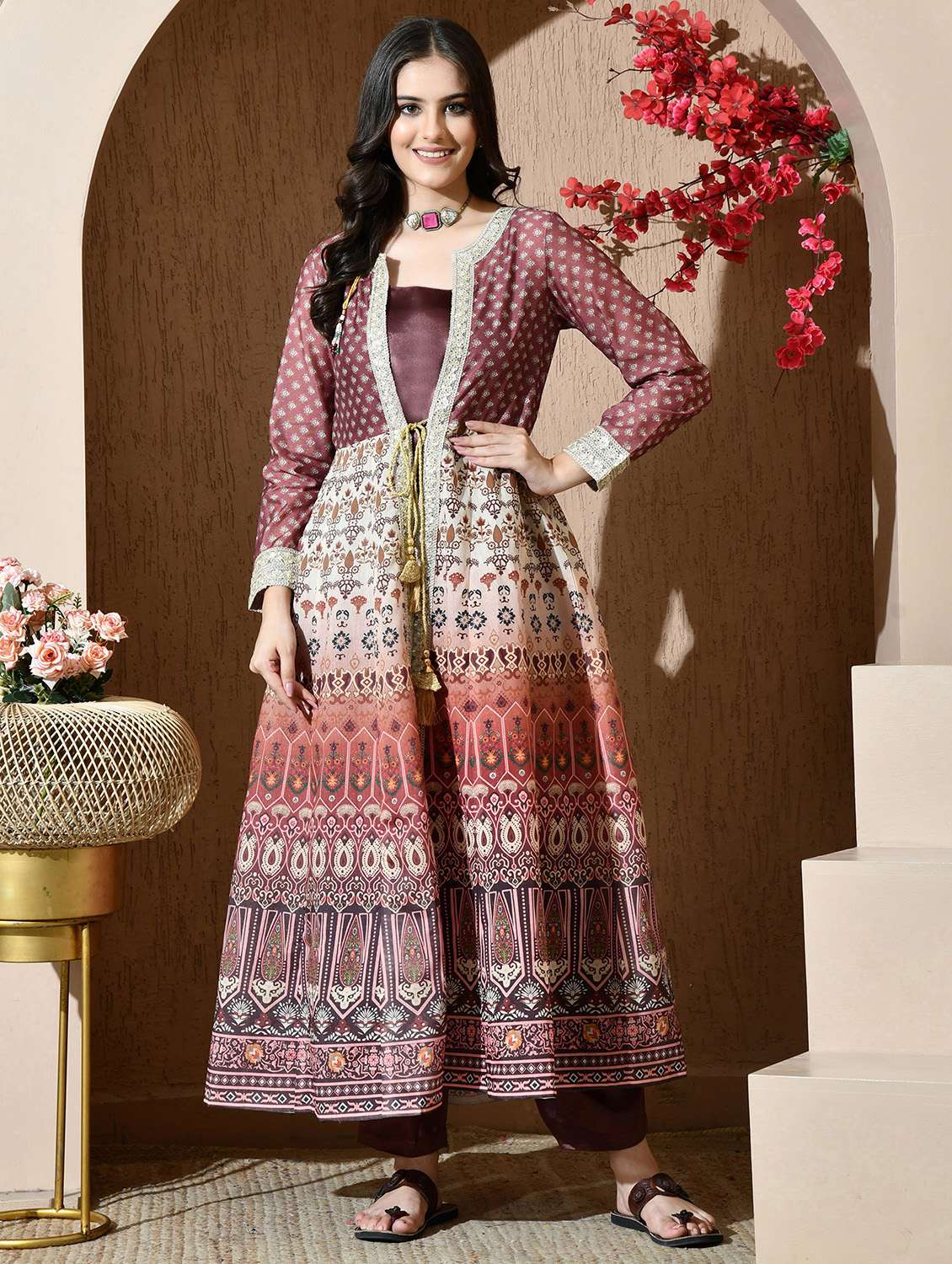 women printed long sleeves top and pant set with jacket