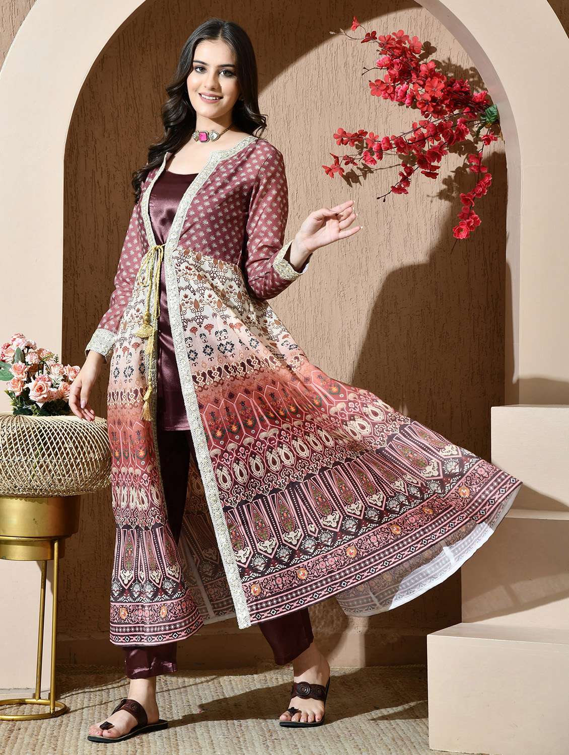 women printed long sleeves top and pant set with jacket - 22610593 -  Standard Image - 3