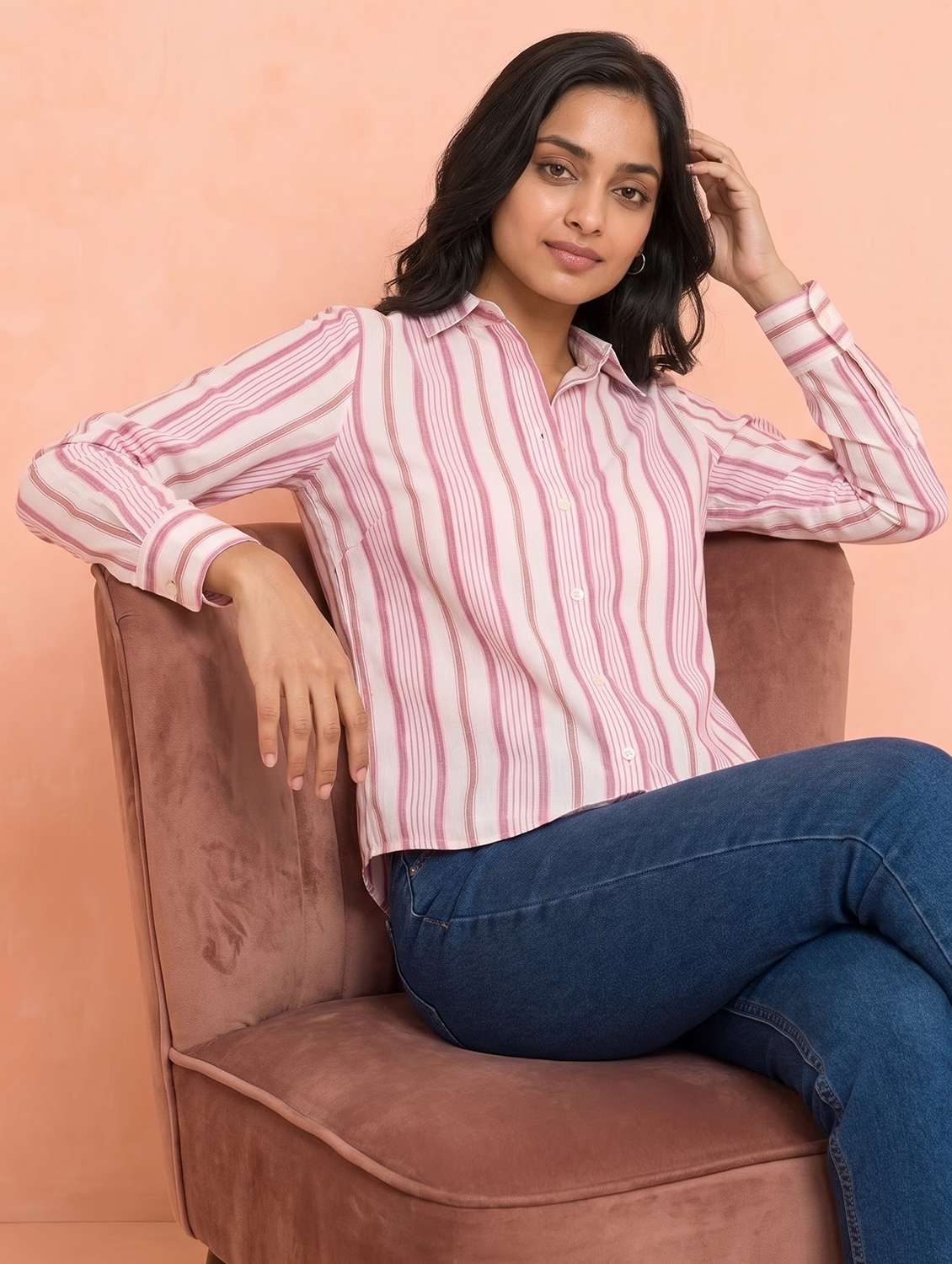women striped long sleeves regular shirt