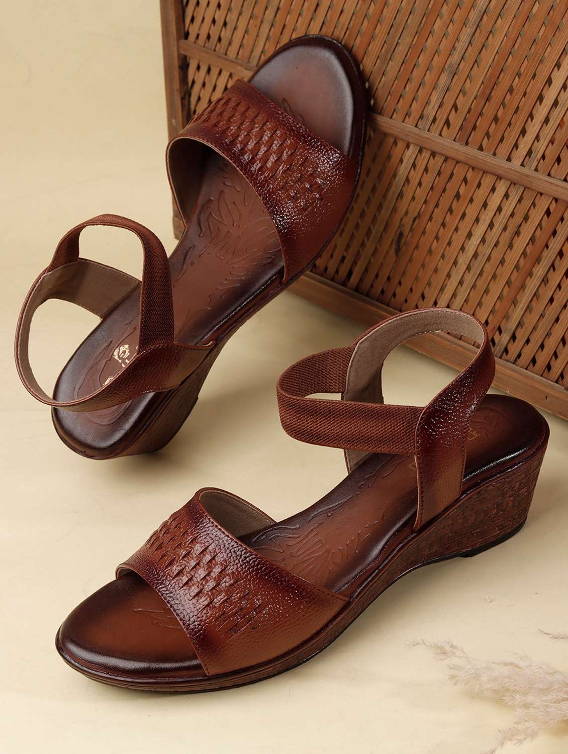 women textured ankle strap wedges