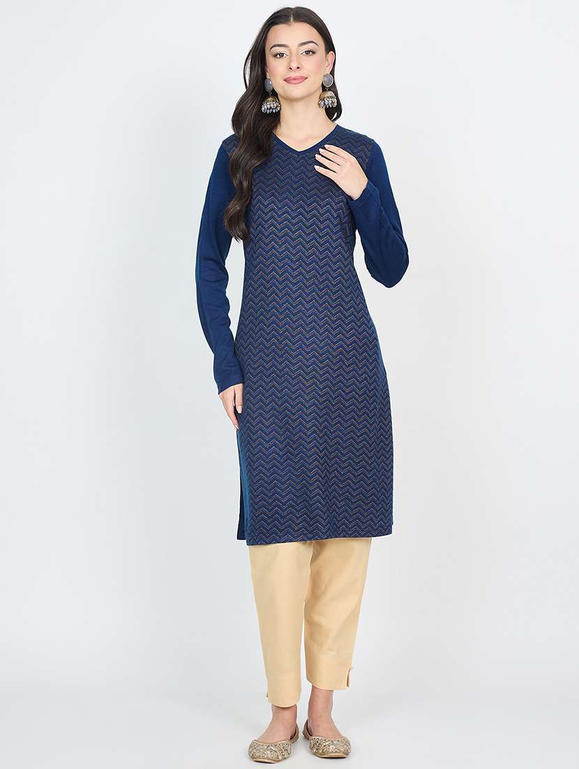women self design long sleeves straight kurta