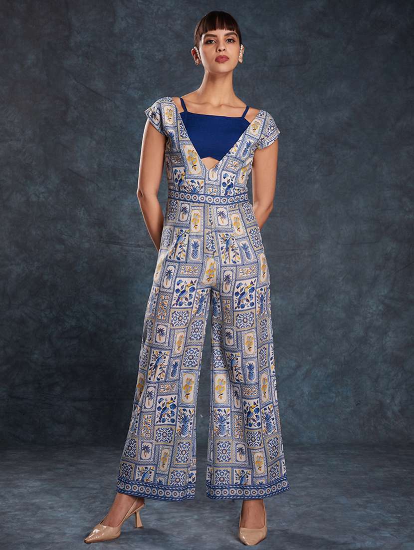 women printed cap sleeves full leg jumpsuit with crop top