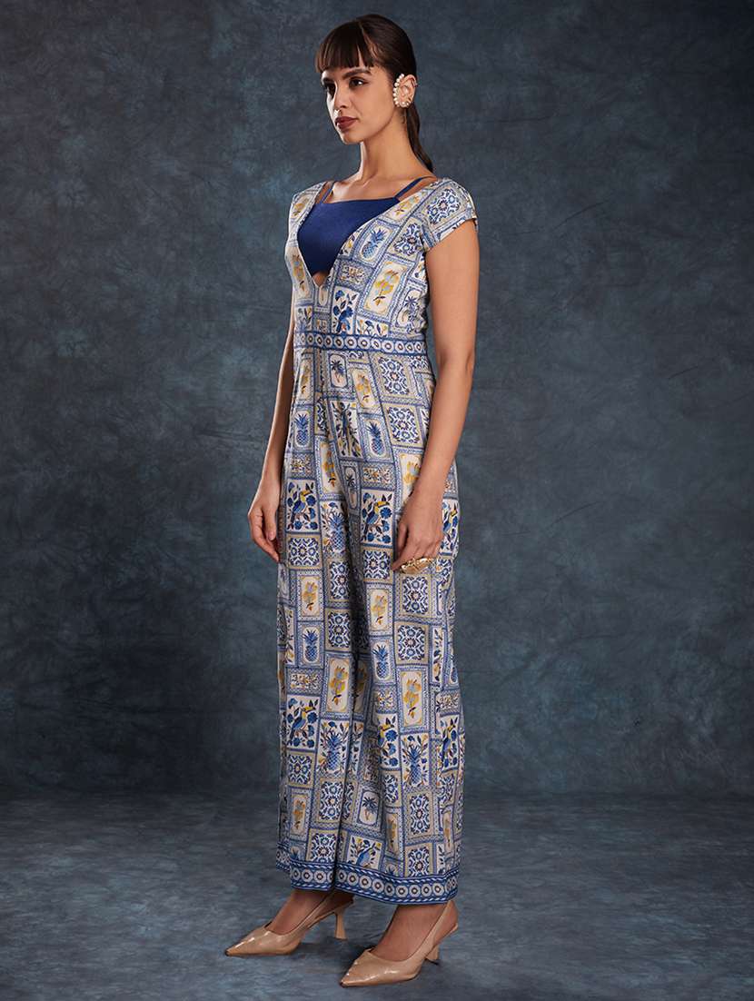women printed cap sleeves full leg jumpsuit with crop top - 22610747 -  Standard Image - 3