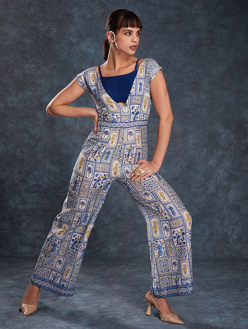 women printed cap sleeves full leg jumpsuit with crop top - 22610747 -  Standard Image - 5