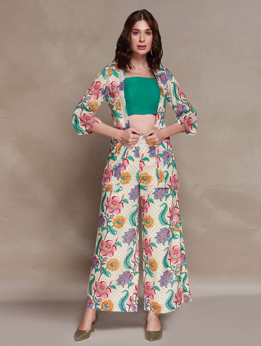 women printed three quarter sleeves top and trouser co-ord set with shrug