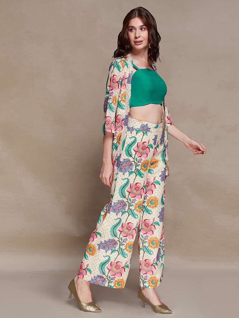 women printed three quarter sleeves top and trouser co-ord set with shrug - 22610753 -  Standard Image - 3