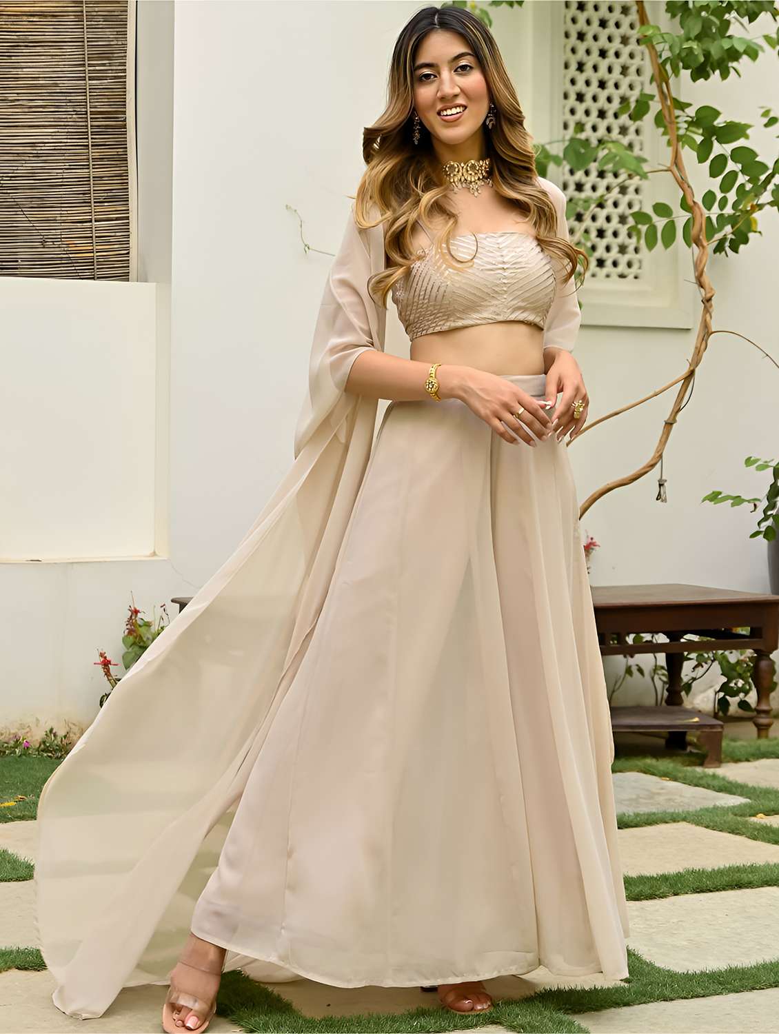 women embellished off shoulder fusion set with shrug