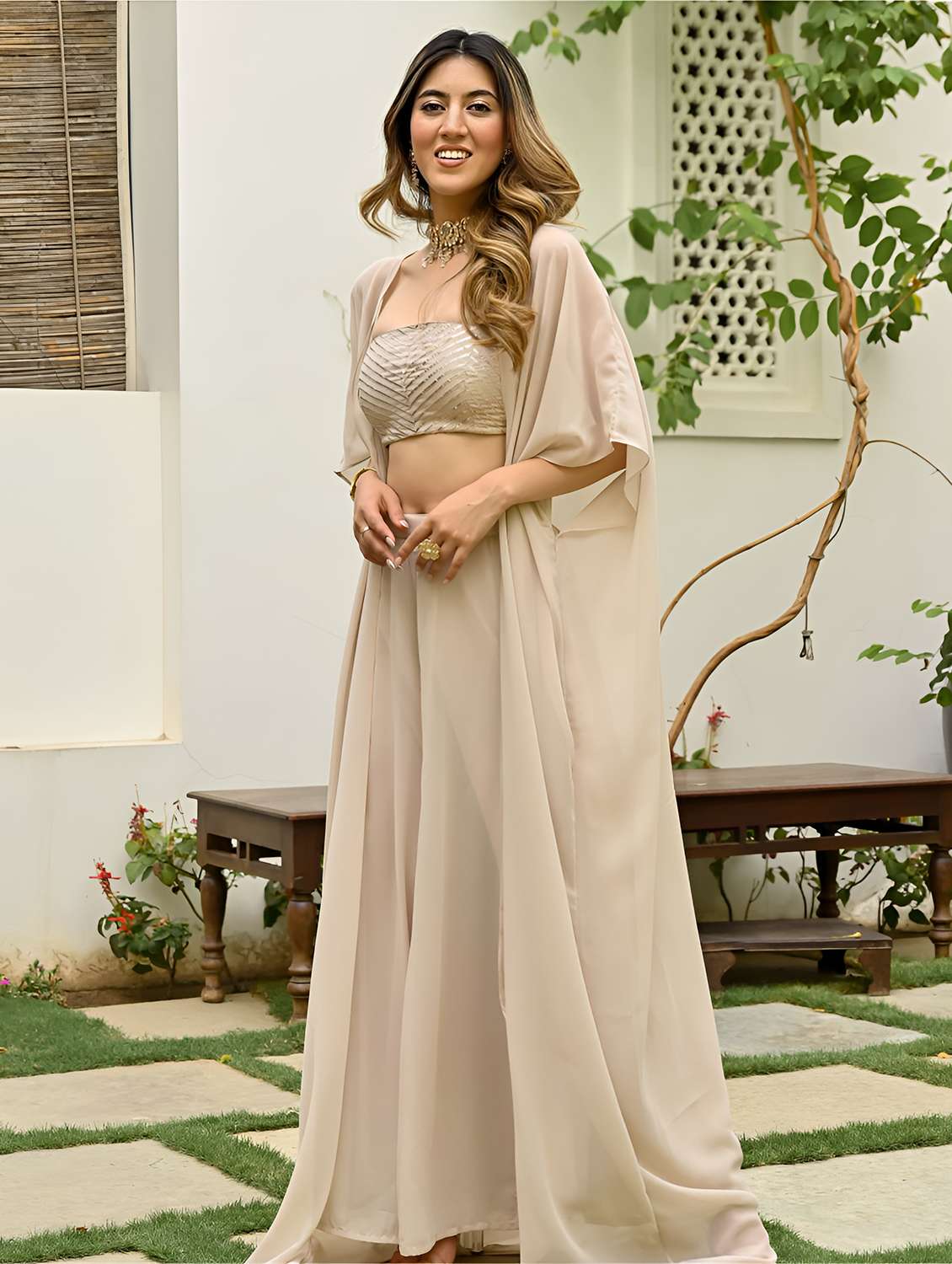 women embellished off shoulder fusion set with shrug - 22610755 -  Standard Image - 3