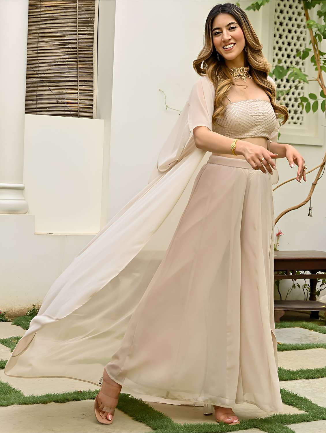 women embellished off shoulder fusion set with shrug - 22610755 -  Standard Image - 5