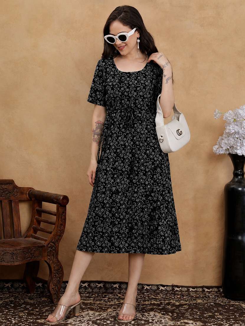 women printed short sleeves a-line dress