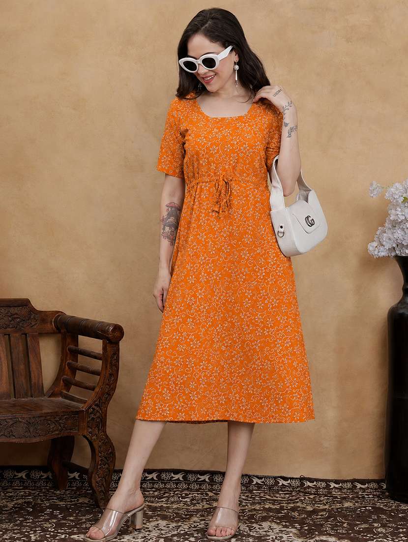 women printed short sleeves a-line dress