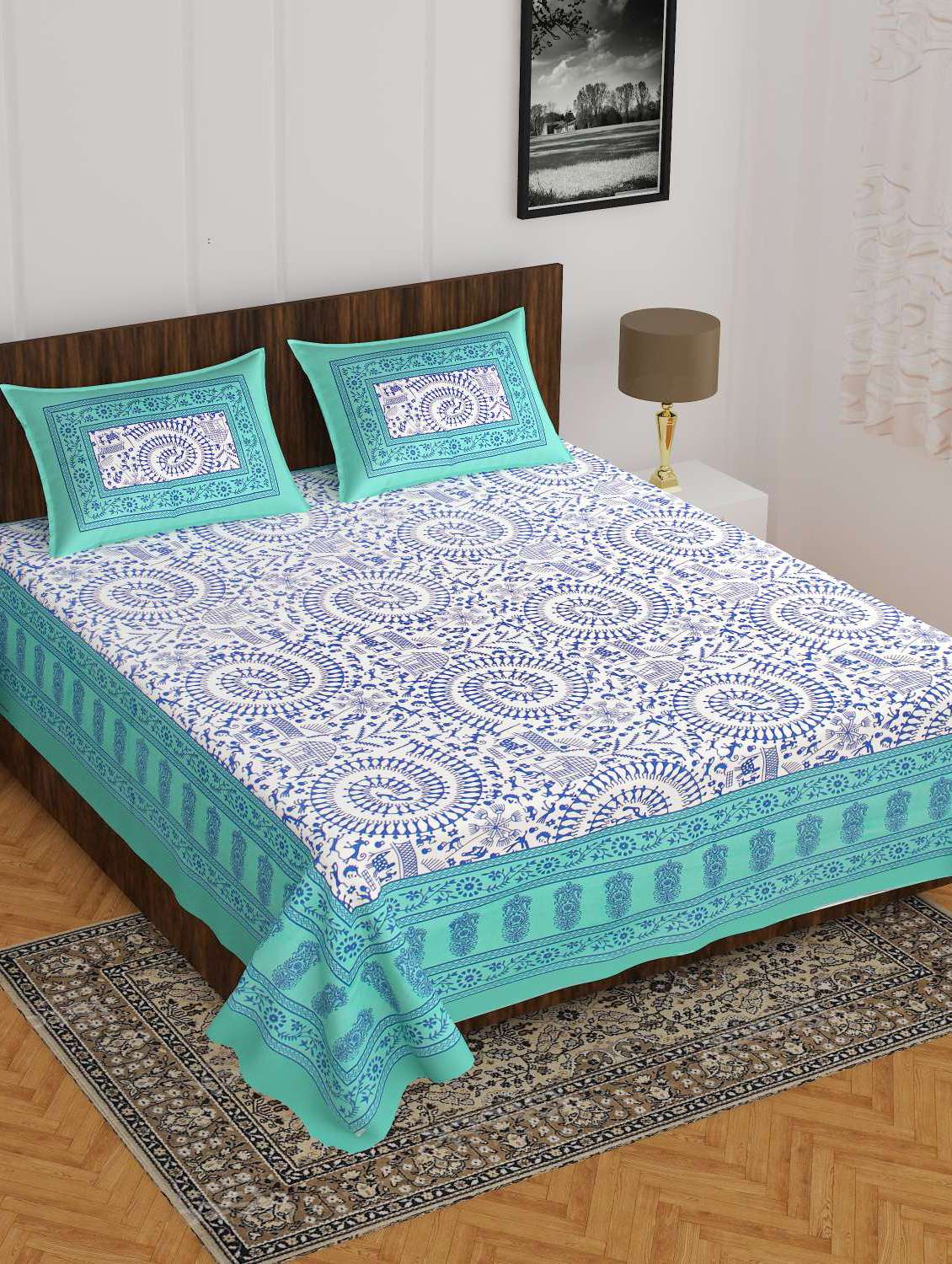 cotton printed double bedsheet set with 2 pillow covers