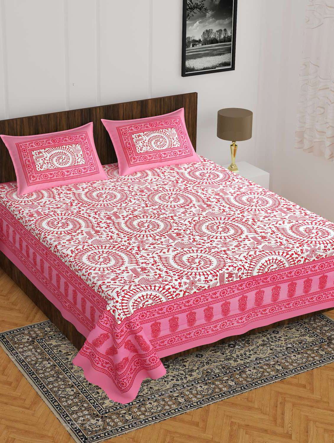 cotton printed double bedsheet set with 2 pillow covers