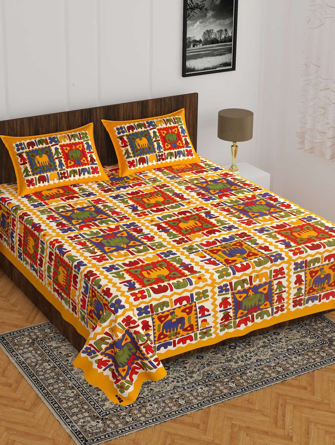cotton printed double bedsheet set with 2 pillow covers