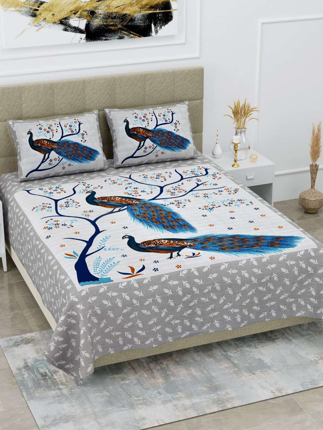 cotton printed double bedsheet set with 2 pillow covers