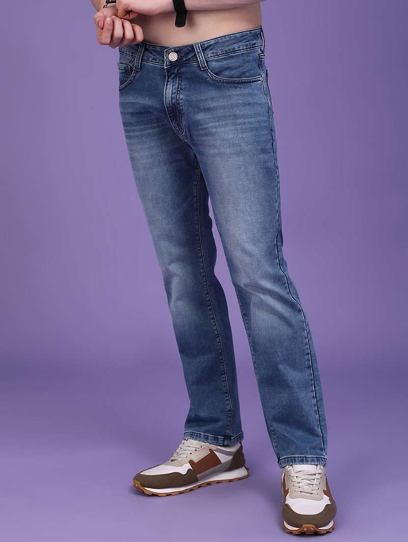 men washed mid rise full length straight jeans