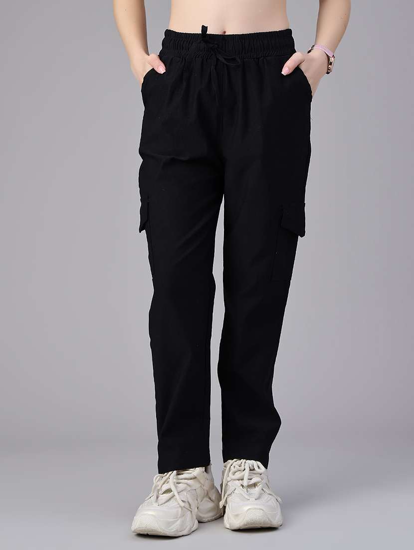 women solid high rise regular fit cargo
