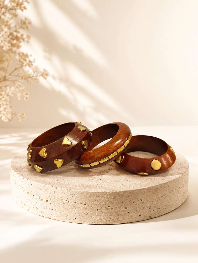 women set of 3 brown wooden bangles with golden stud detailing