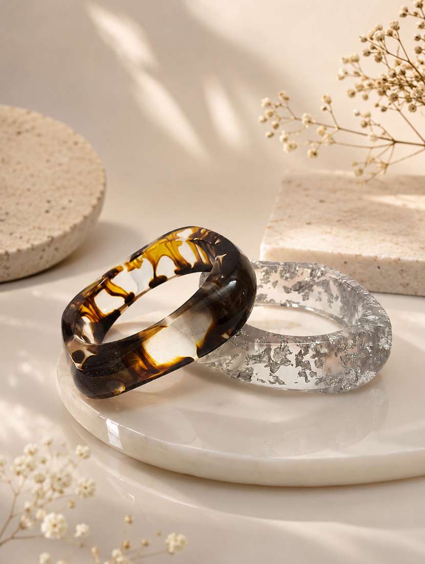 women set of 2 resin tortoise shell & transparent glitter glossy bangles