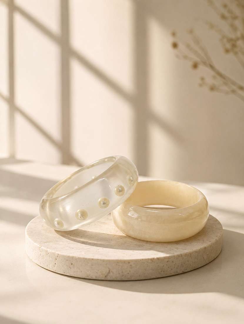 women set of 2 white acrylic pearl embellished bangles