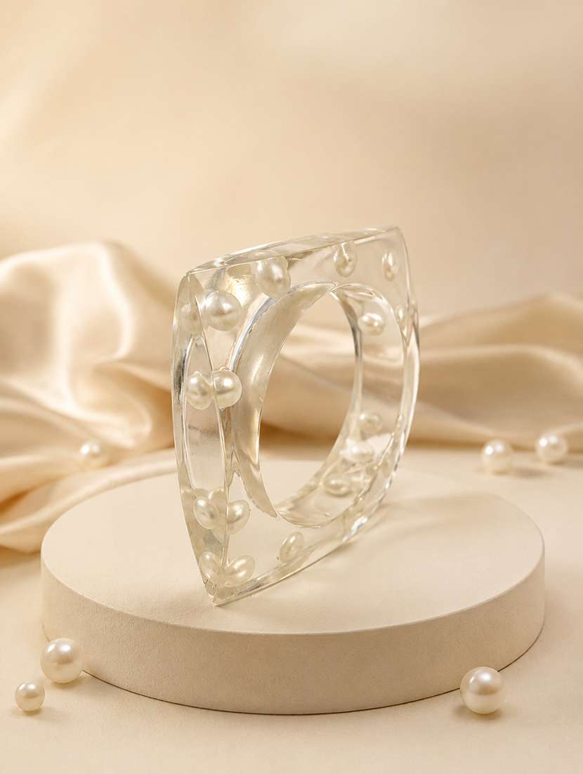 women set of 3 white acrylic clear sculpted resin bangles with pearls  - 22614917 -  Standard Image - 3