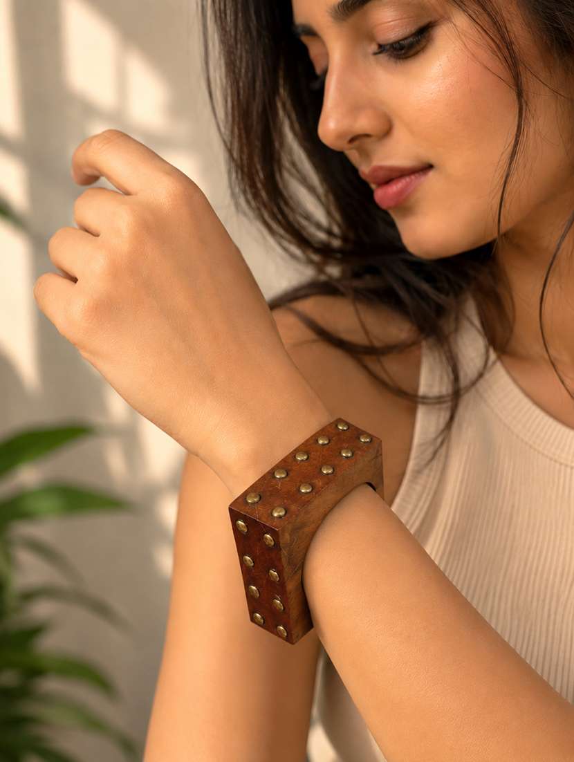 women wooden square bangle with studs - 22614918 -  Standard Image - 3