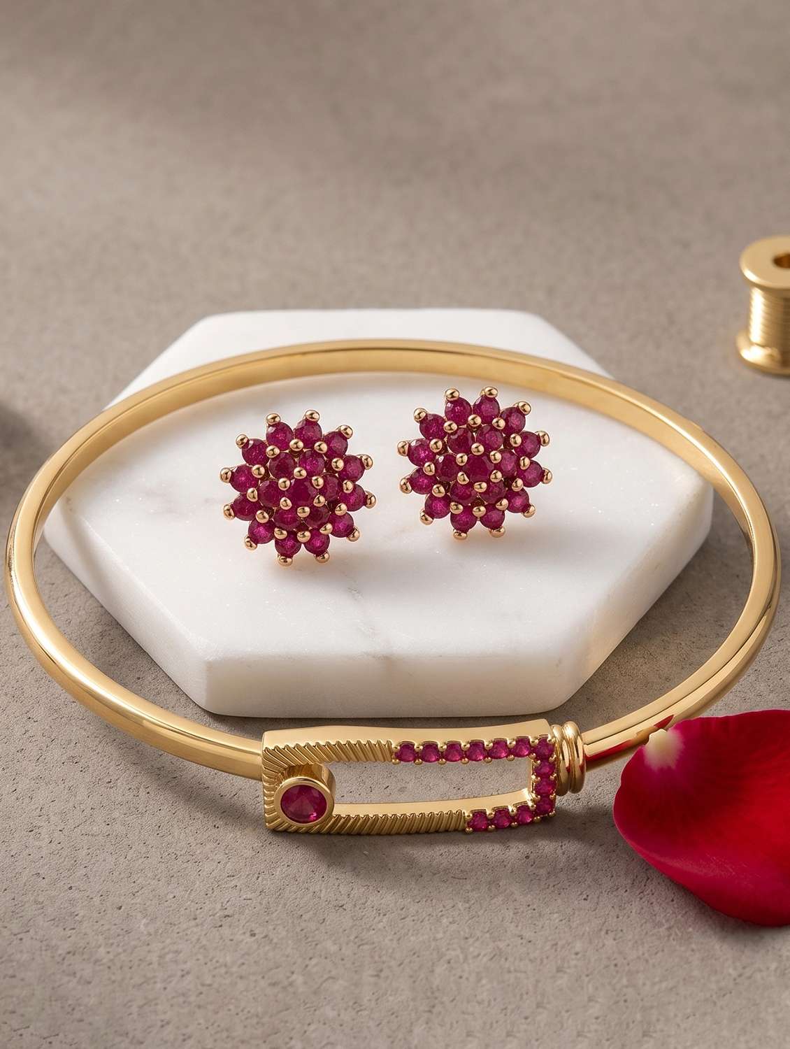women brass natural ruby kada earring set