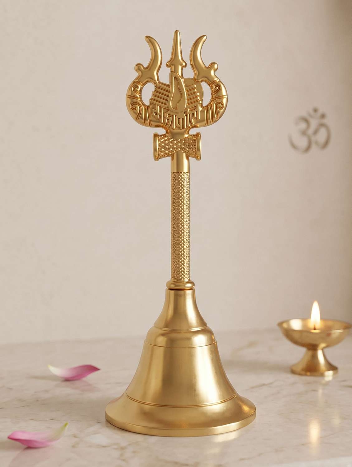 brass gold bell with mahakal trishul stem