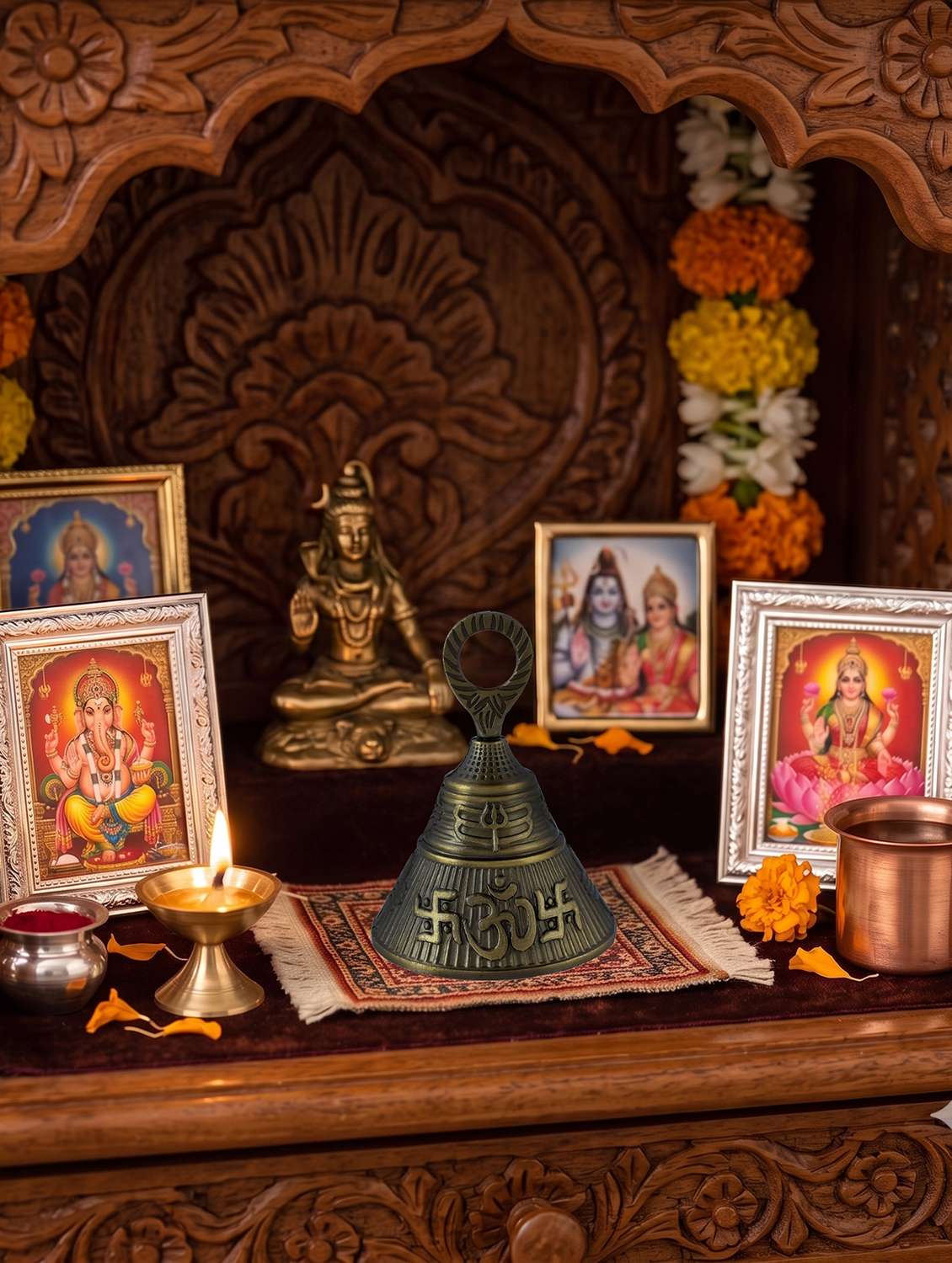 big bronze hindu bell with puja room