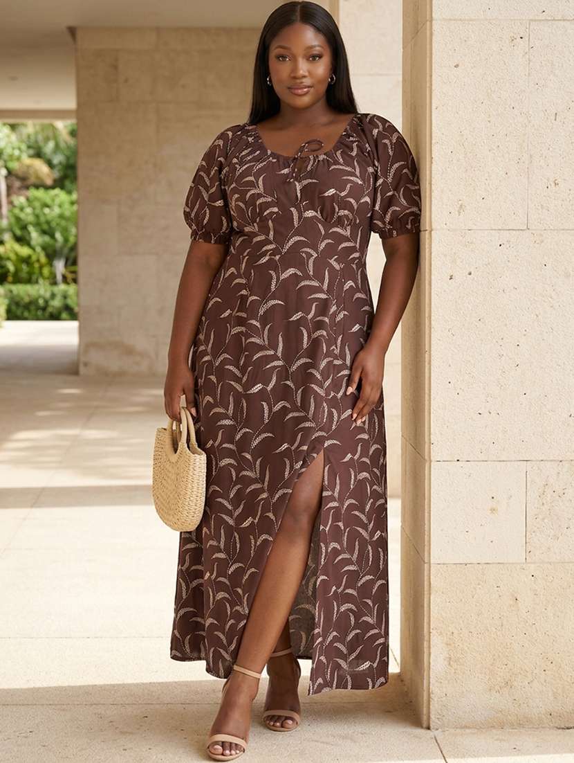 women printed puff sleeves a-line dress