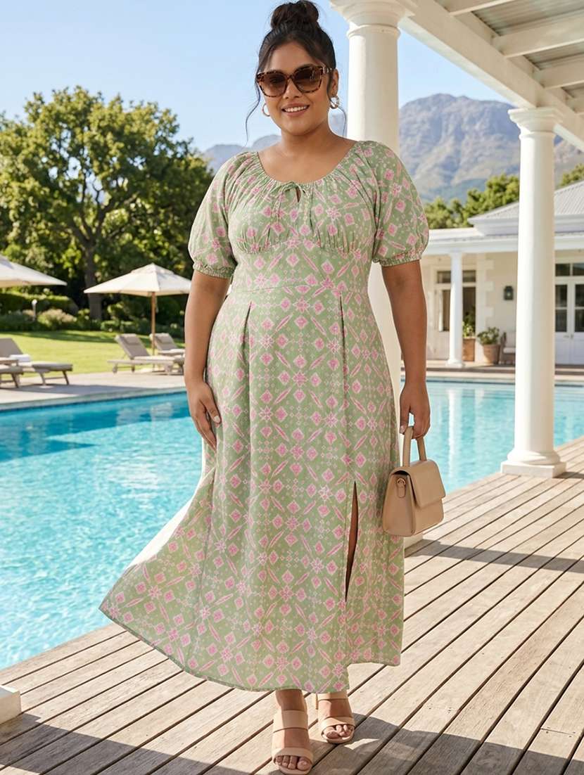 women printed puff sleeves a-line dress