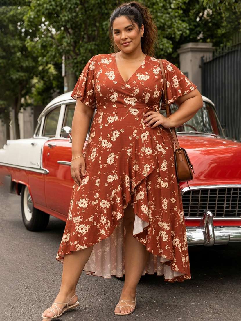 women printed flared sleeves wrap dress