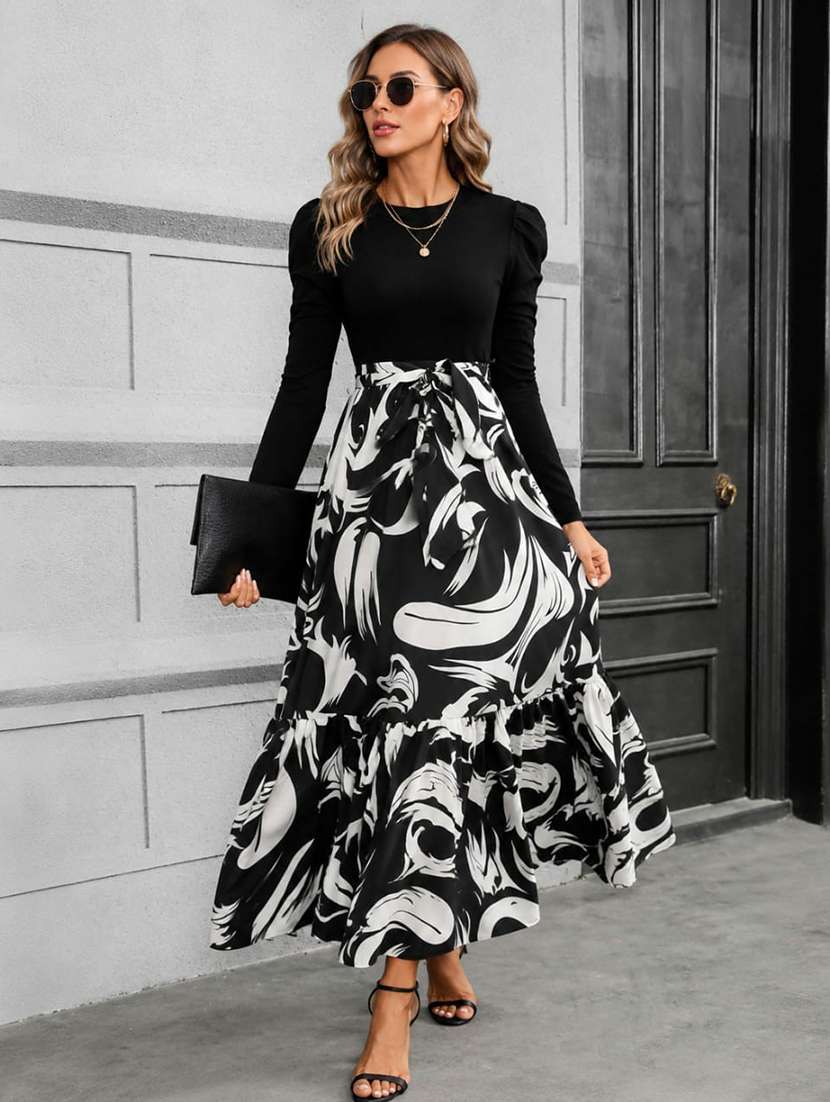women printed round neck tiered dress