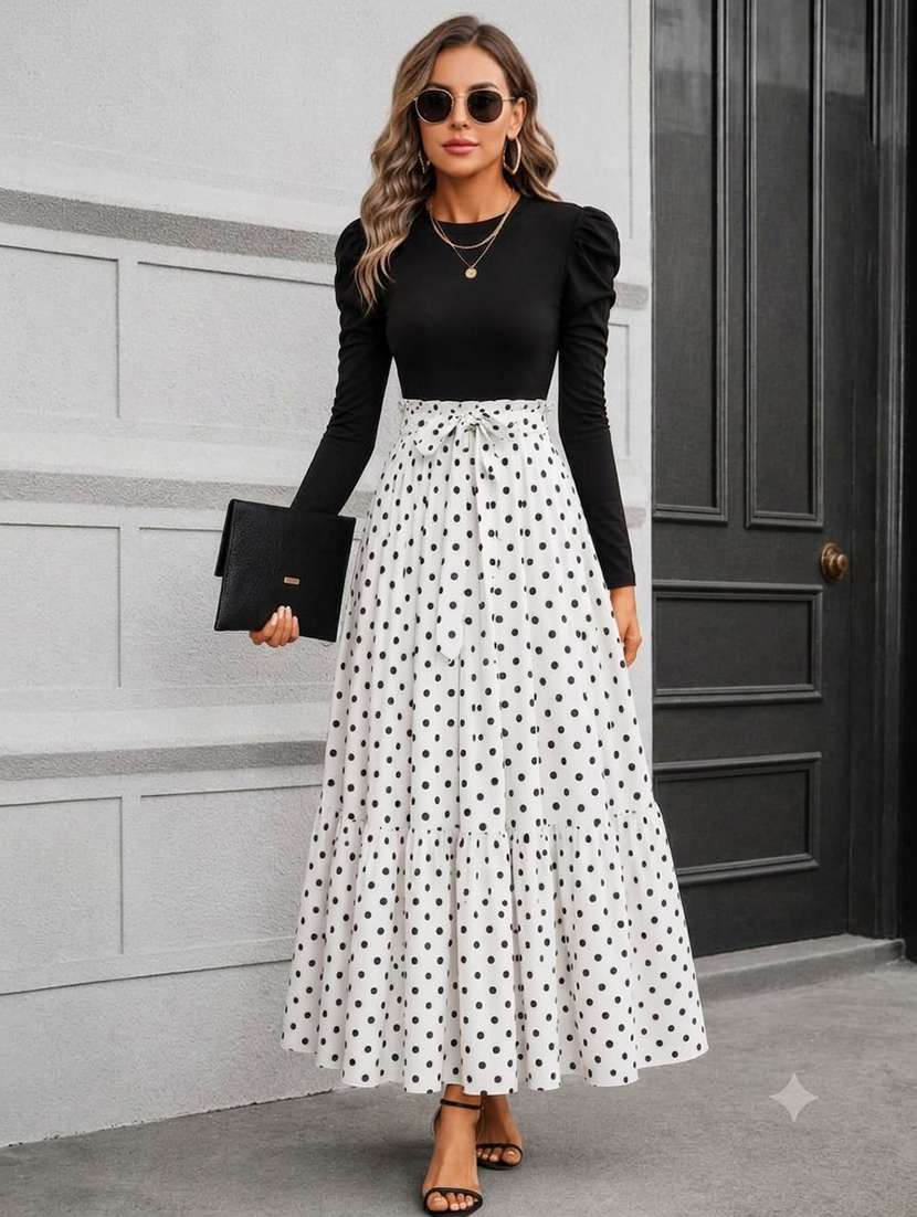 women polka dots printed long sleeves tiered dress