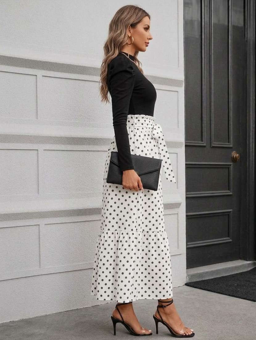 women polka dots printed long sleeves tiered dress - 22615102 -  Standard Image - 3