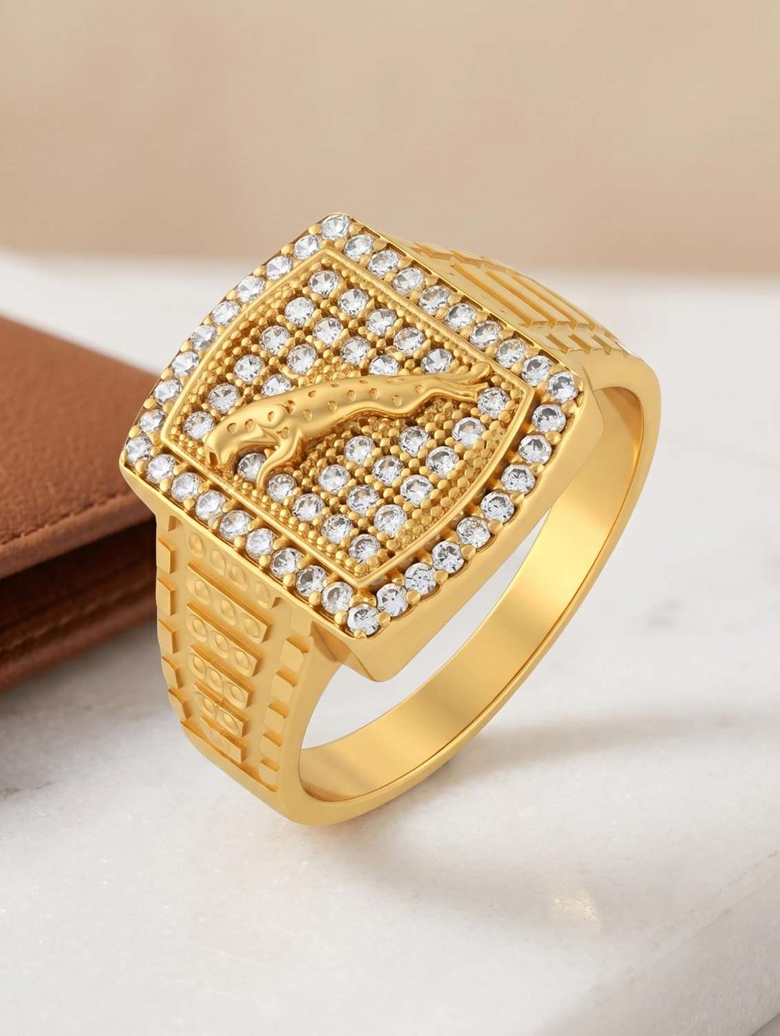 men gold brass imitation diamond jaguar finger ring
