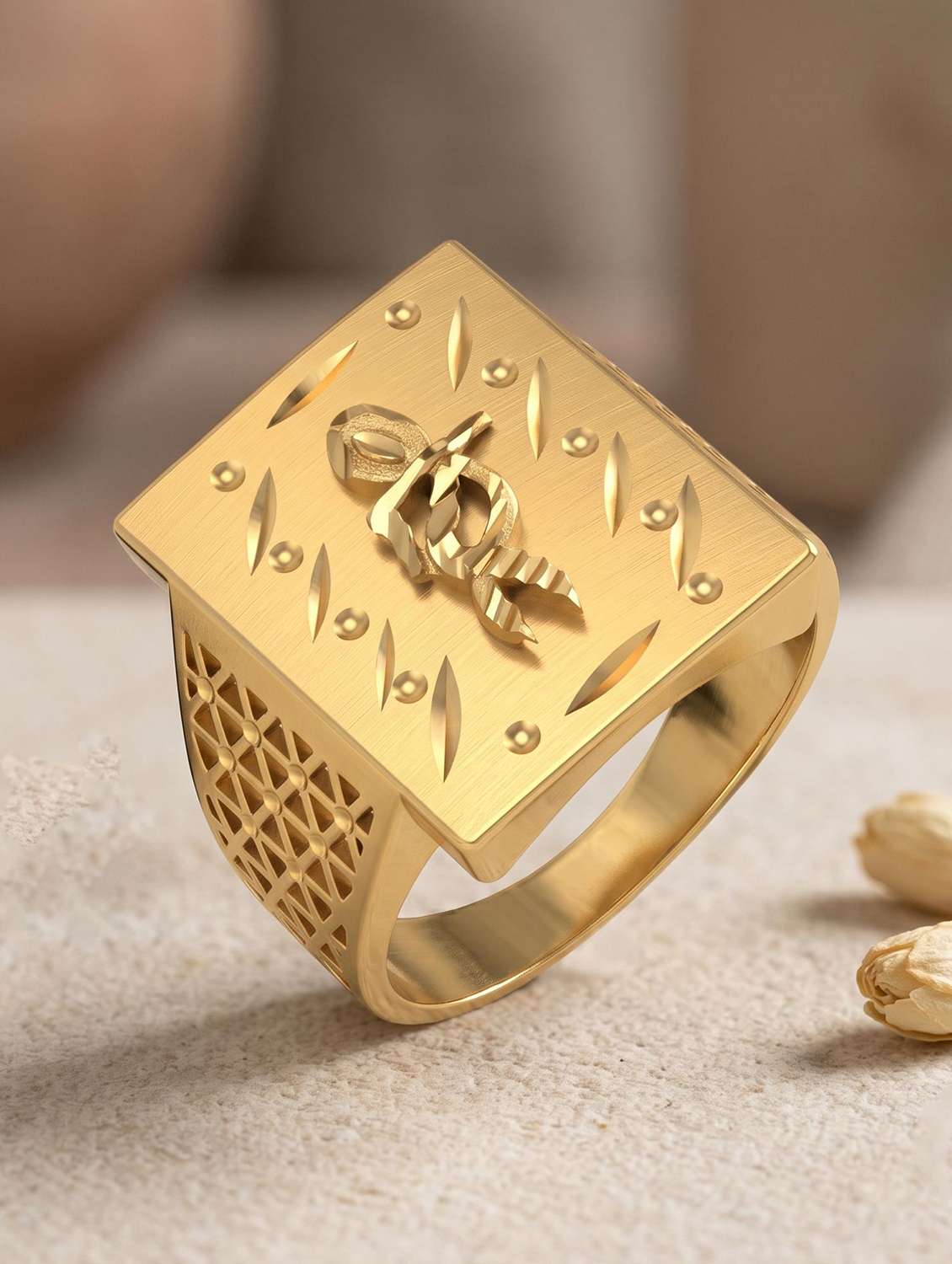 men gold brass krishna motif finger ring