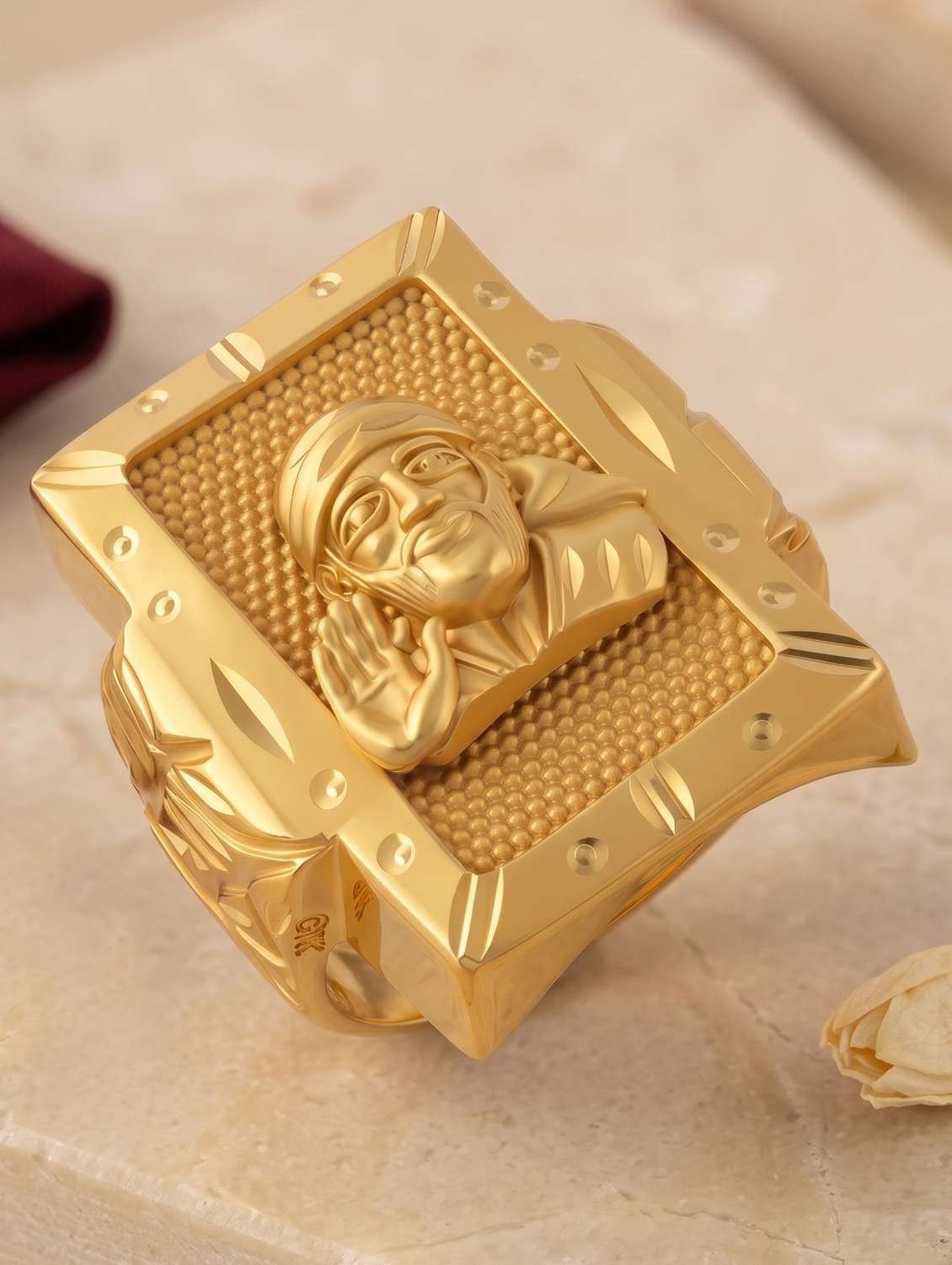 men brass micron gold plated finger ring with sai baba motif