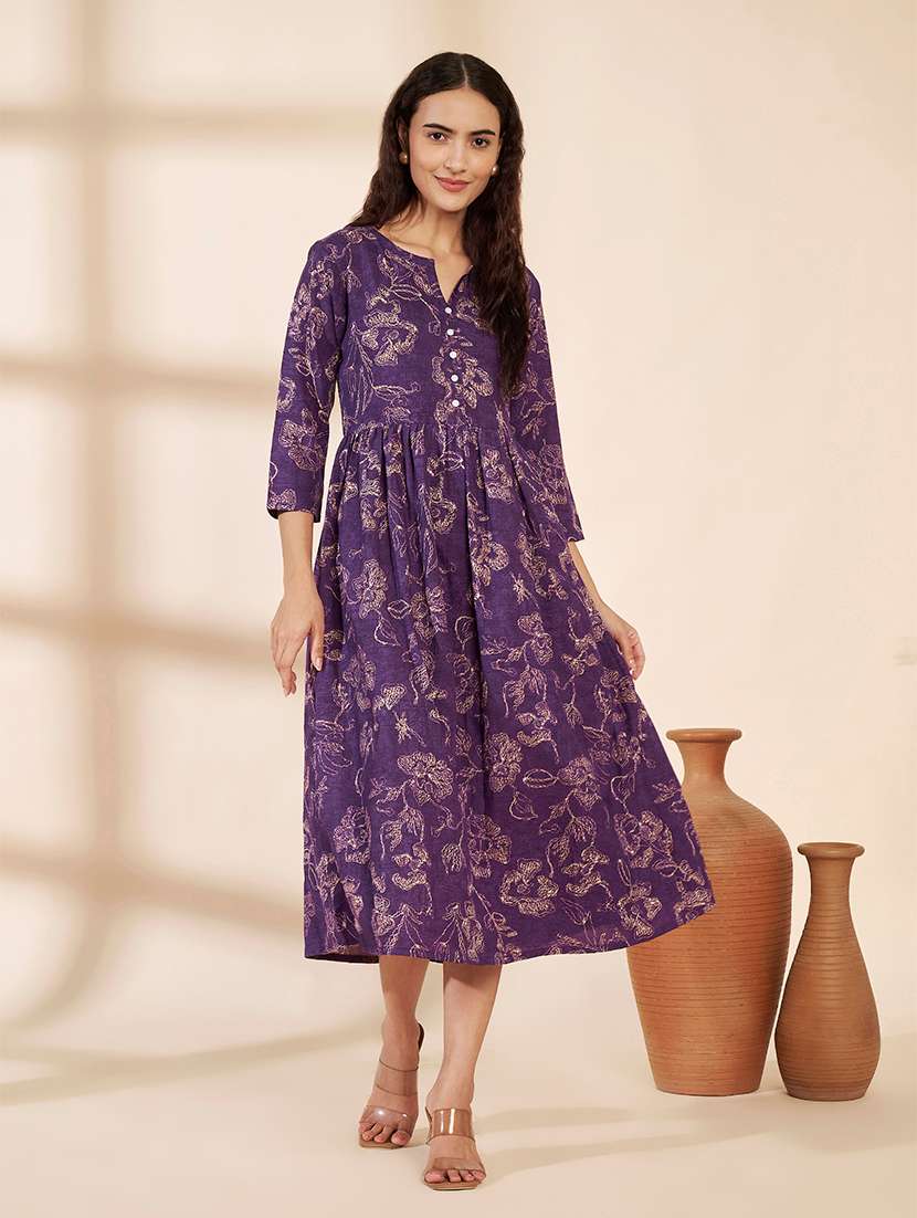 women printed three quarter sleeves a-line dress