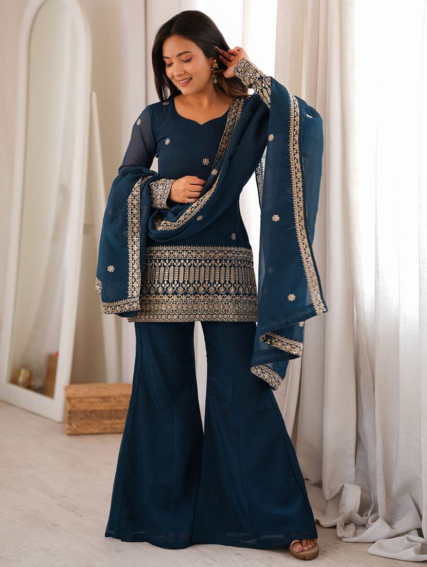 women embroidered long sleeves kurta palazzo set with dupatta