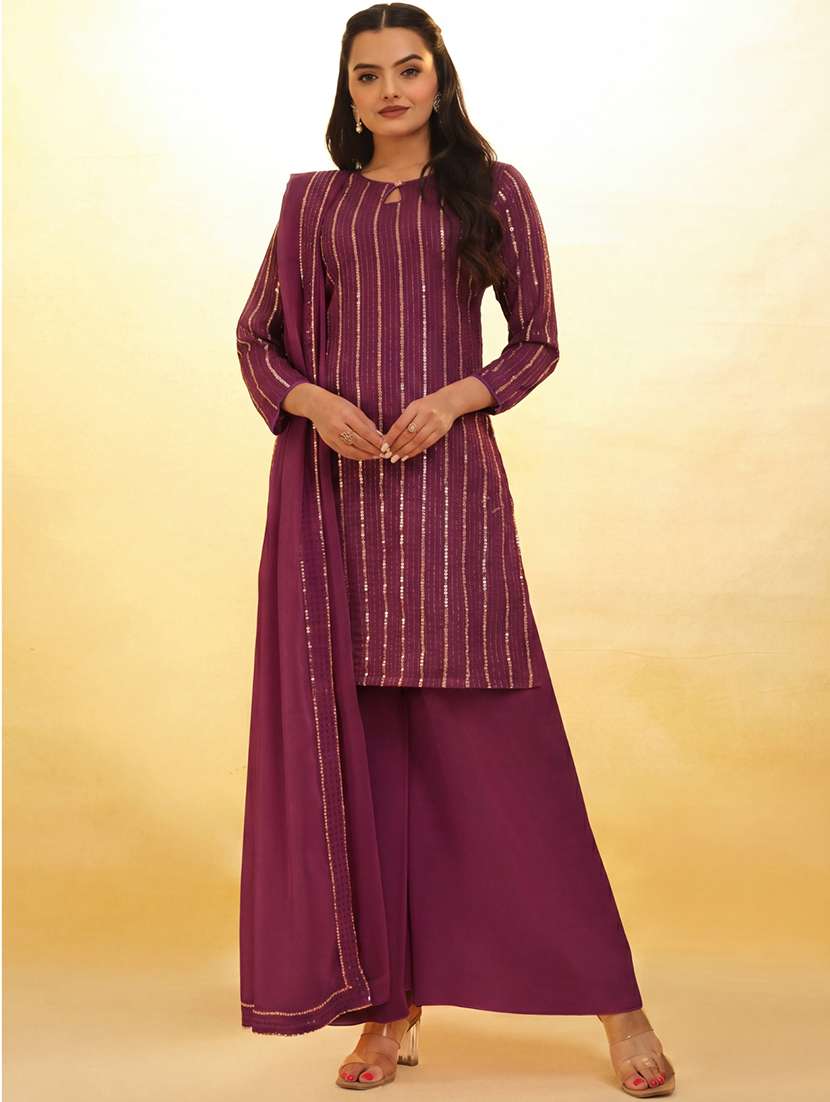 women embroidered three quarter sleeves kurta palazzo set with dupatta