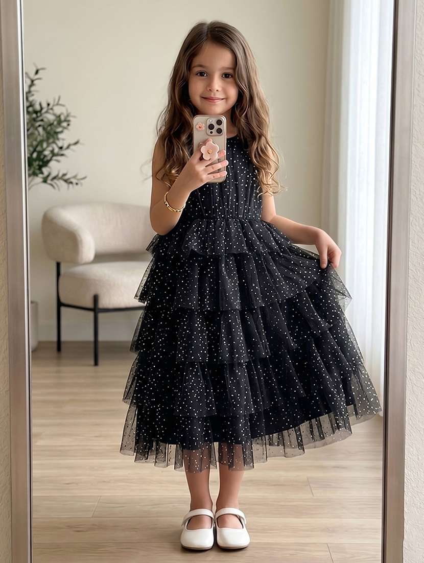 girls self design sleeveless layered dress