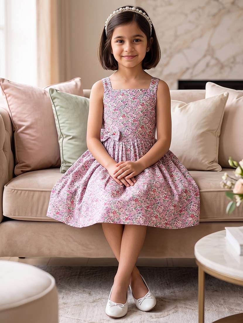 girls printed sleeveless fit and flare dress