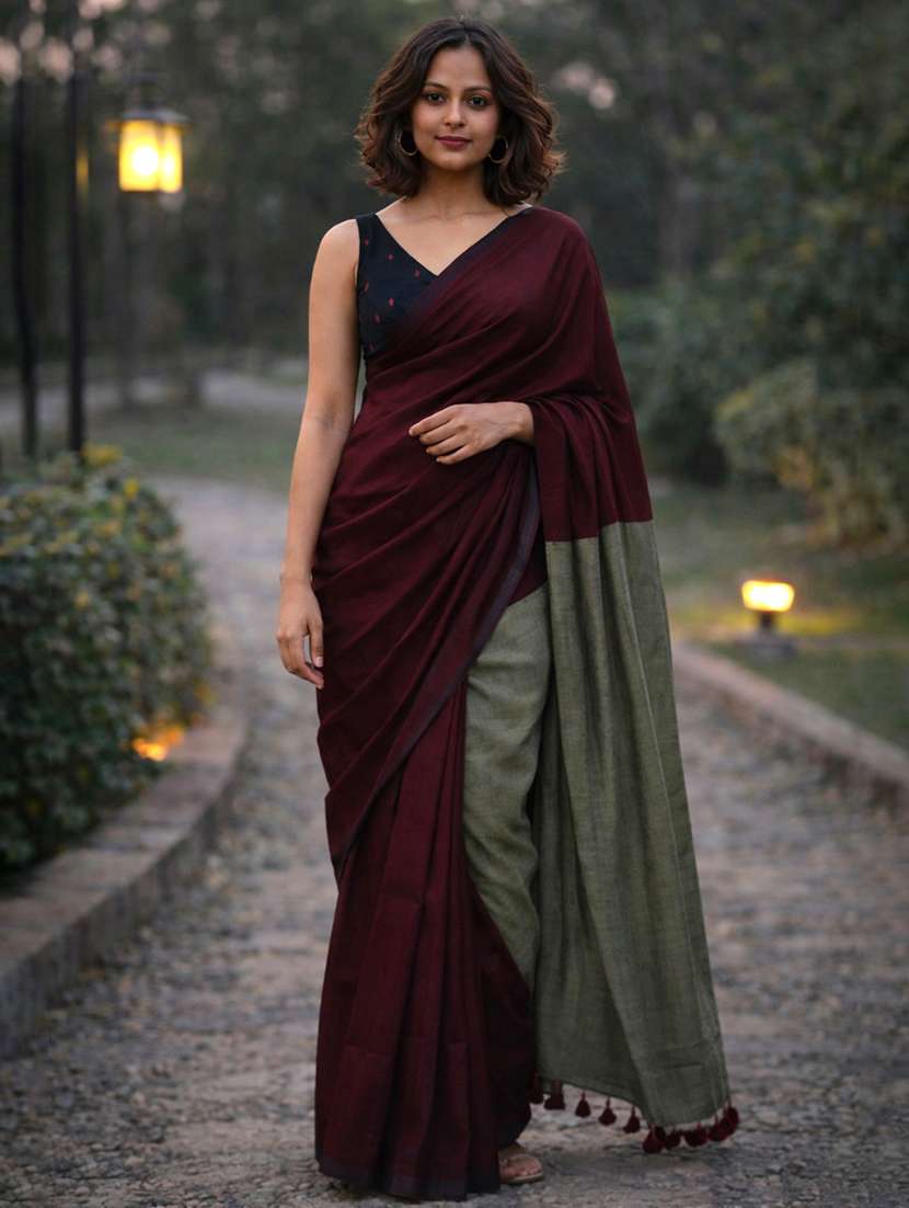 women solid handloom saree with blouse