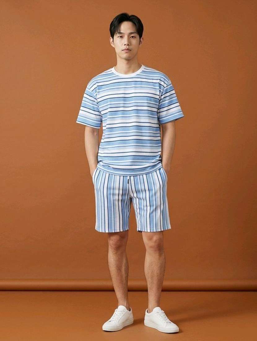 men striped short sleeve t-shirt & shorts set
