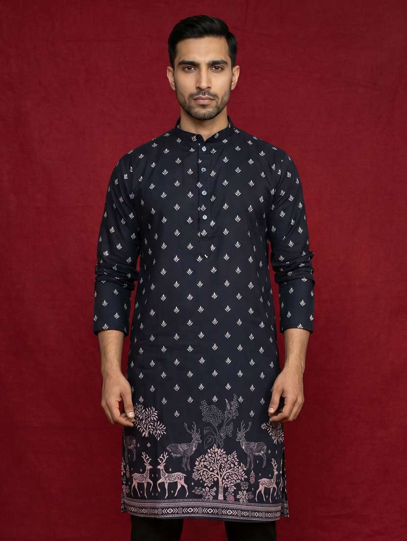 men self design mandarin neck long kurta
